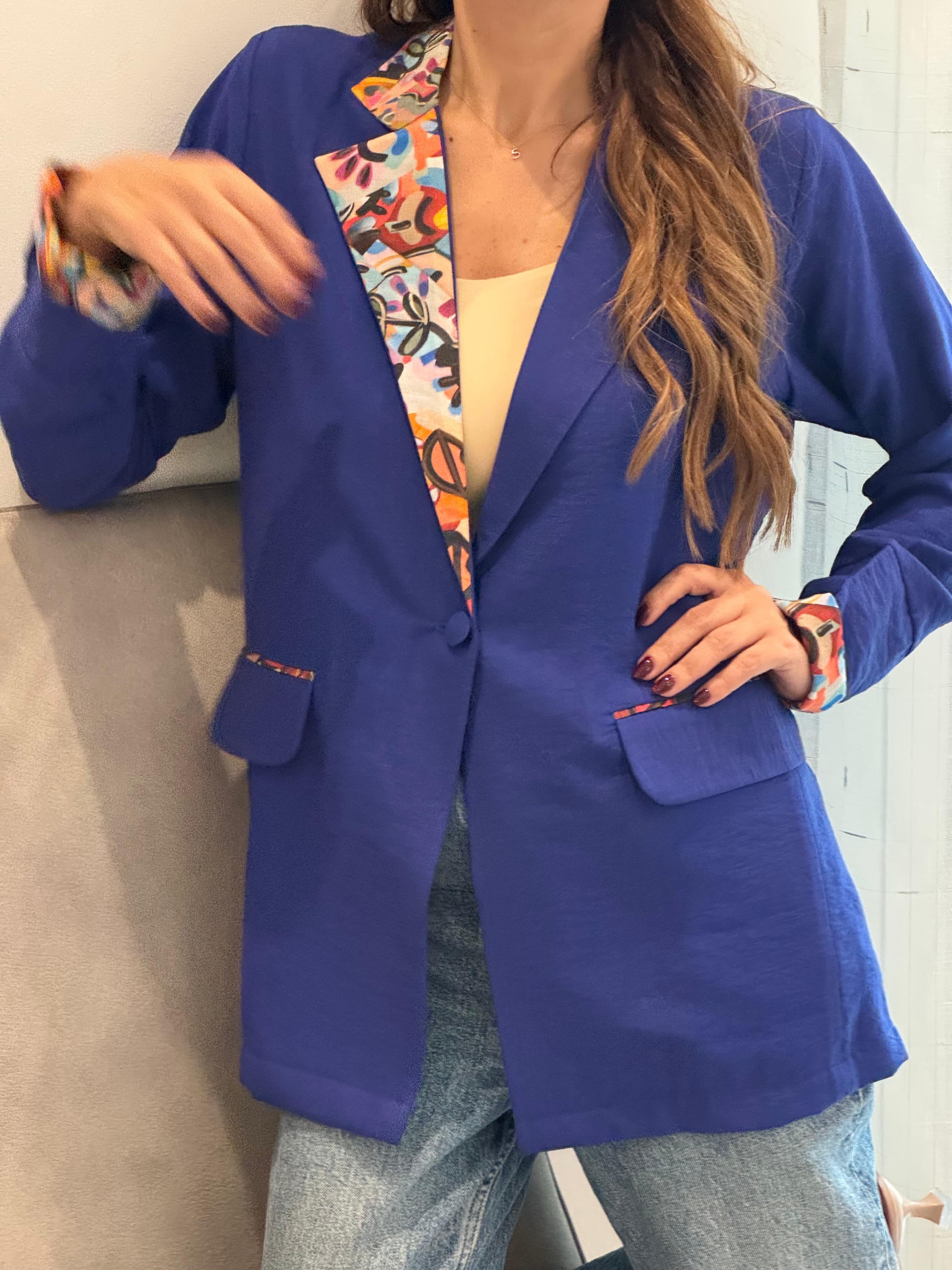 Royal Blue with Printed Details - Crepe Blazer