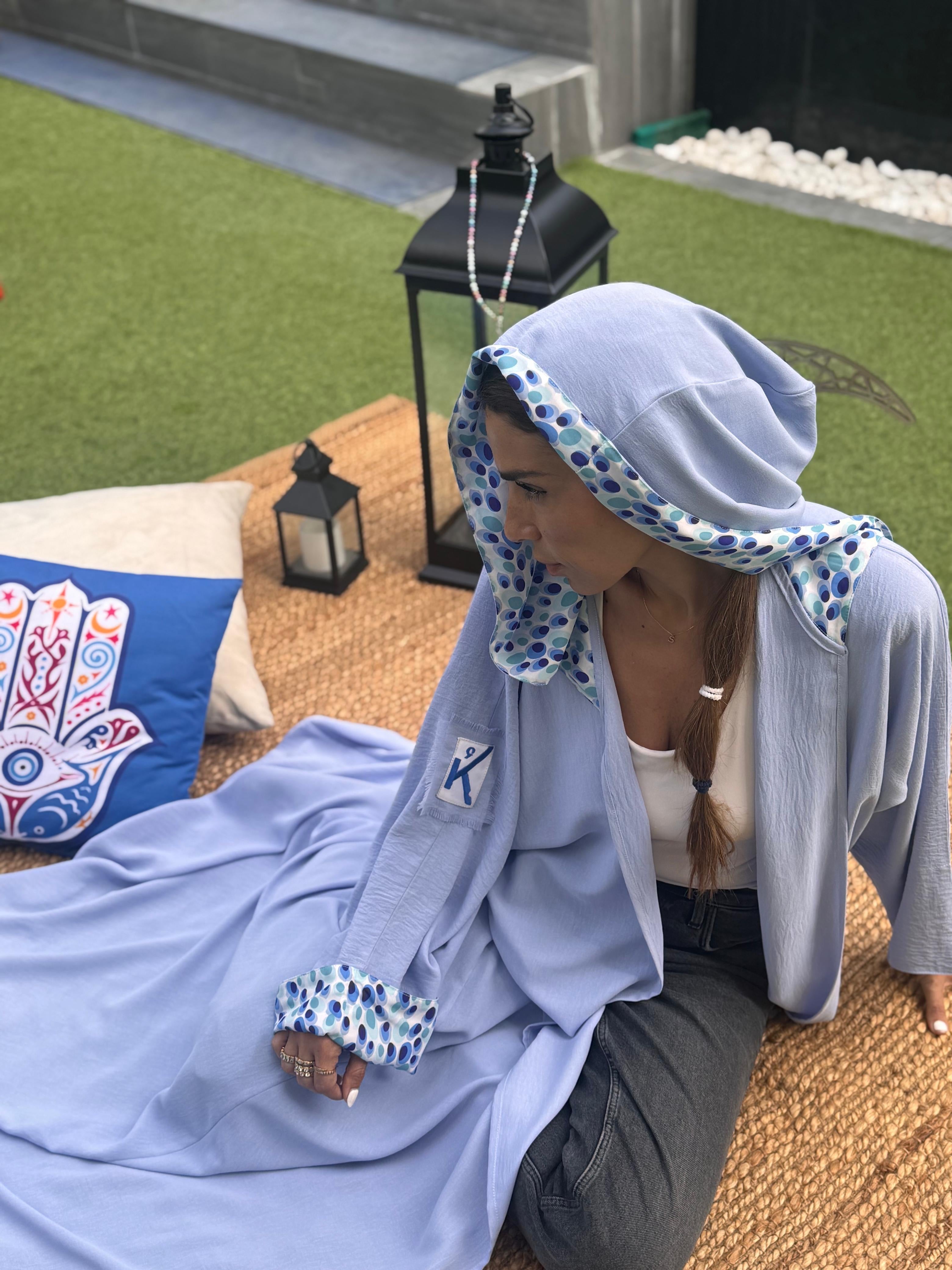 Powder Blue Crepe Silk Hooded Caftan