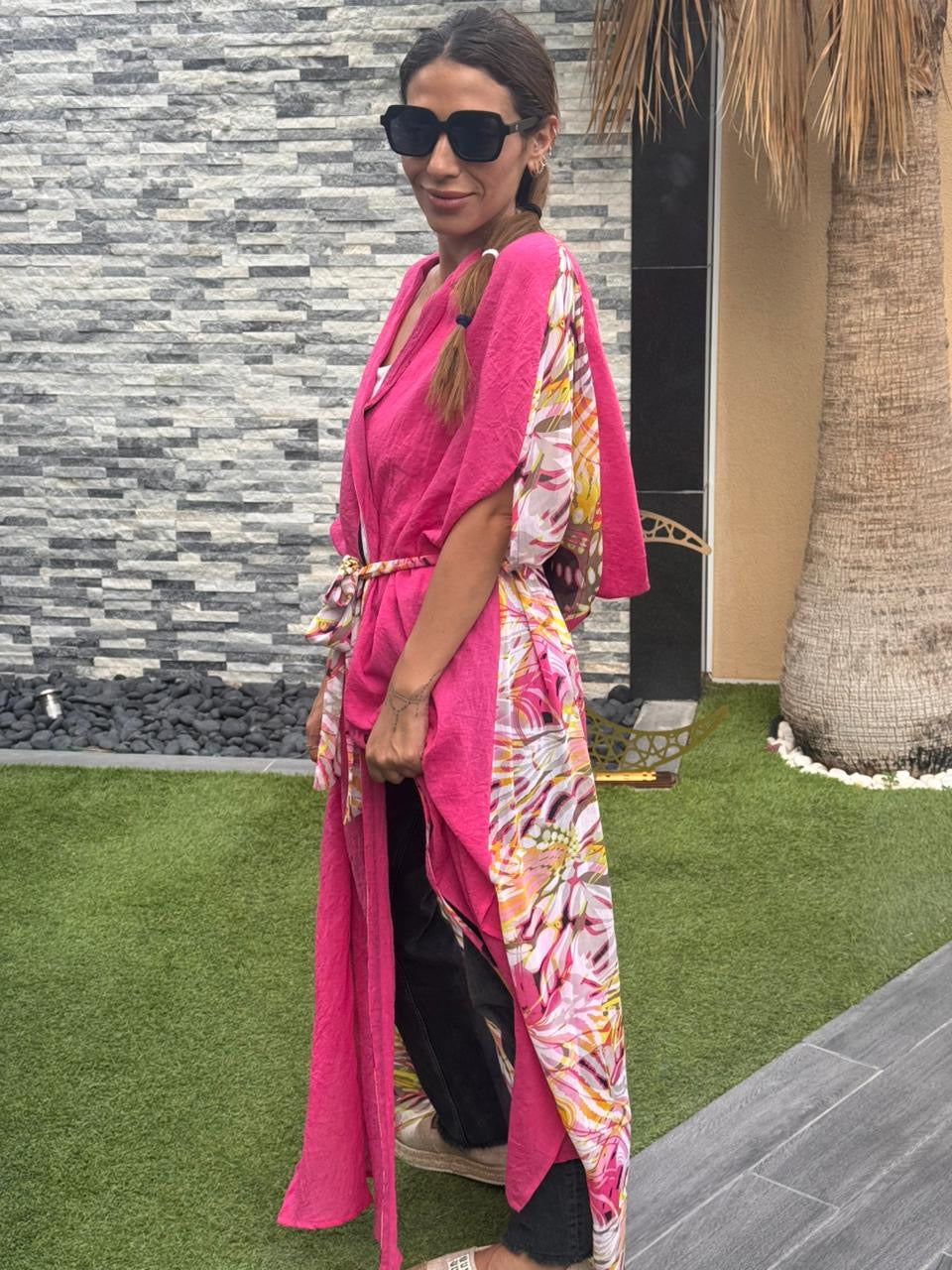Fuchsia Linen & Chiffon Hooded Caftan