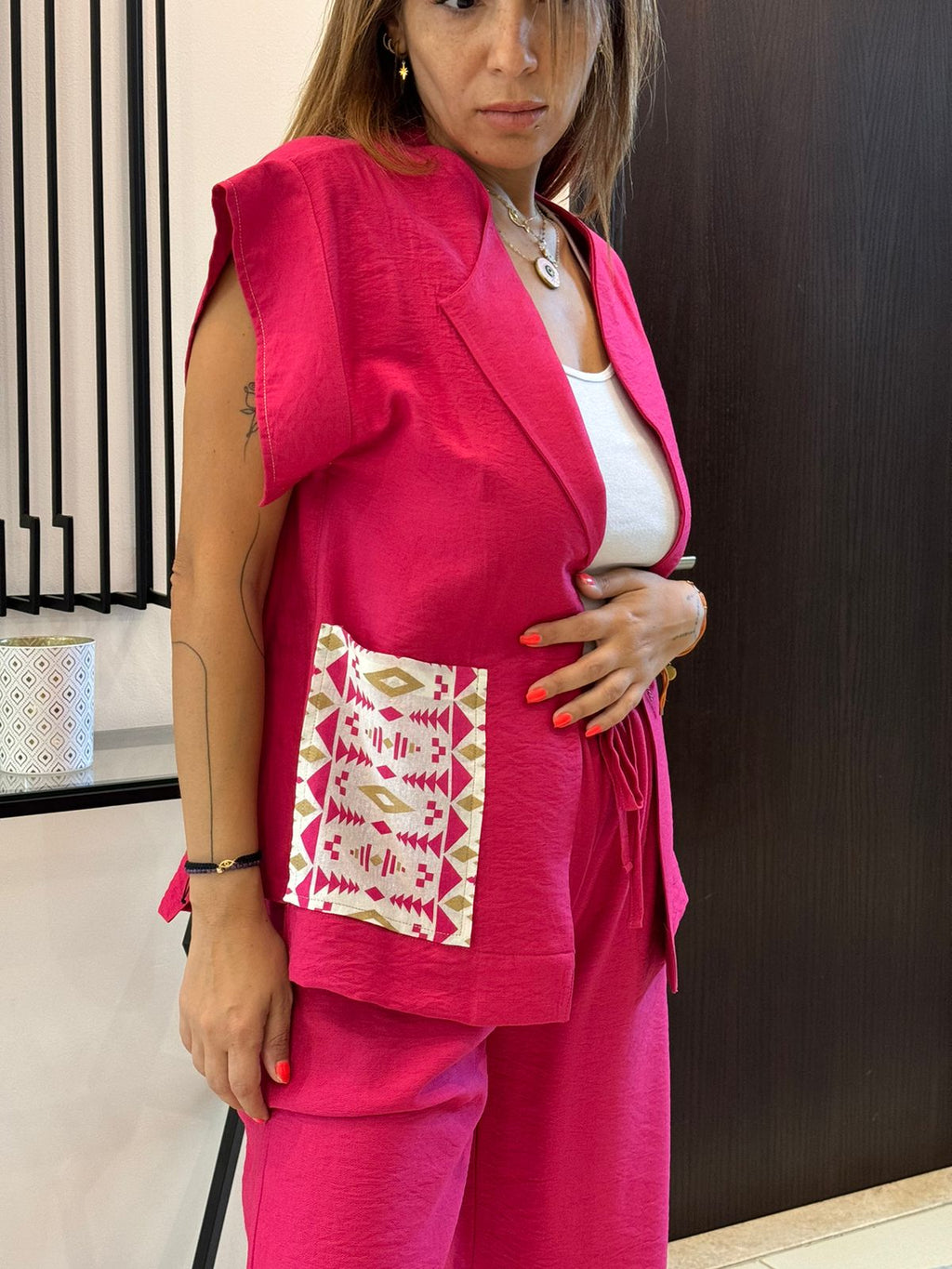 Fuchsia Gillet & pants Crepe Silk Set