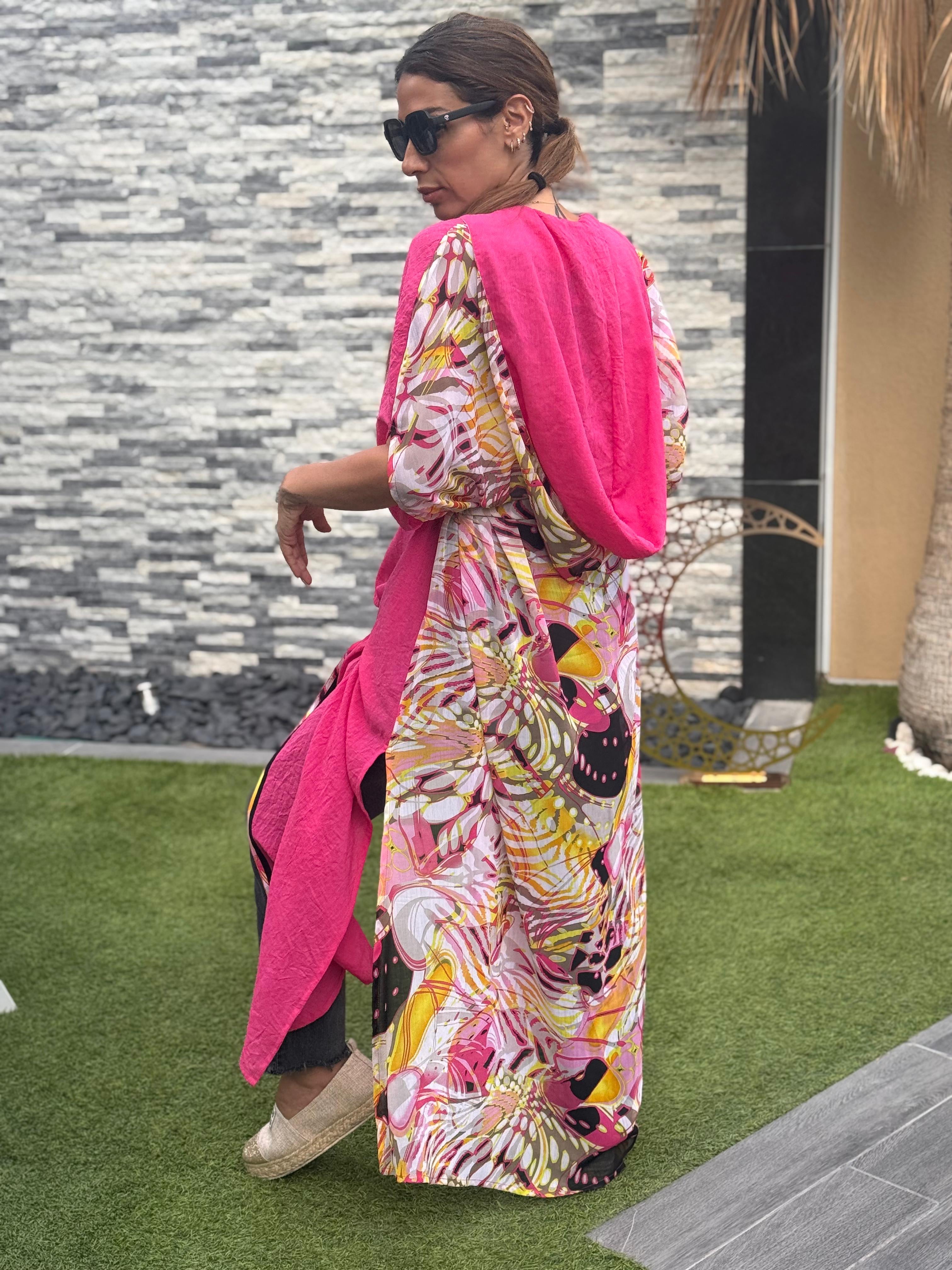 Fuchsia Linen & Chiffon Hooded Caftan