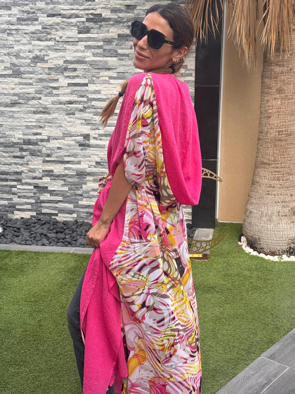 Fuchsia Linen & Chiffon Hooded Caftan