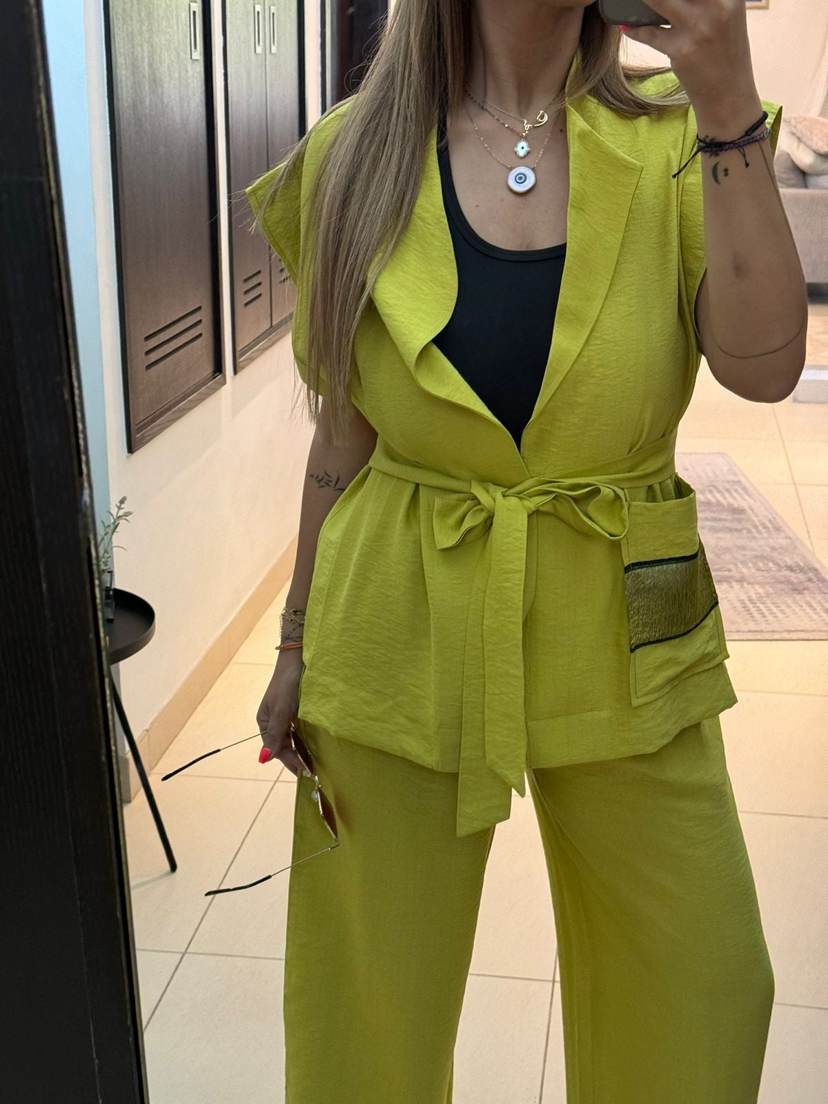 Platinum Yellow Crepe Silk Gilet Set