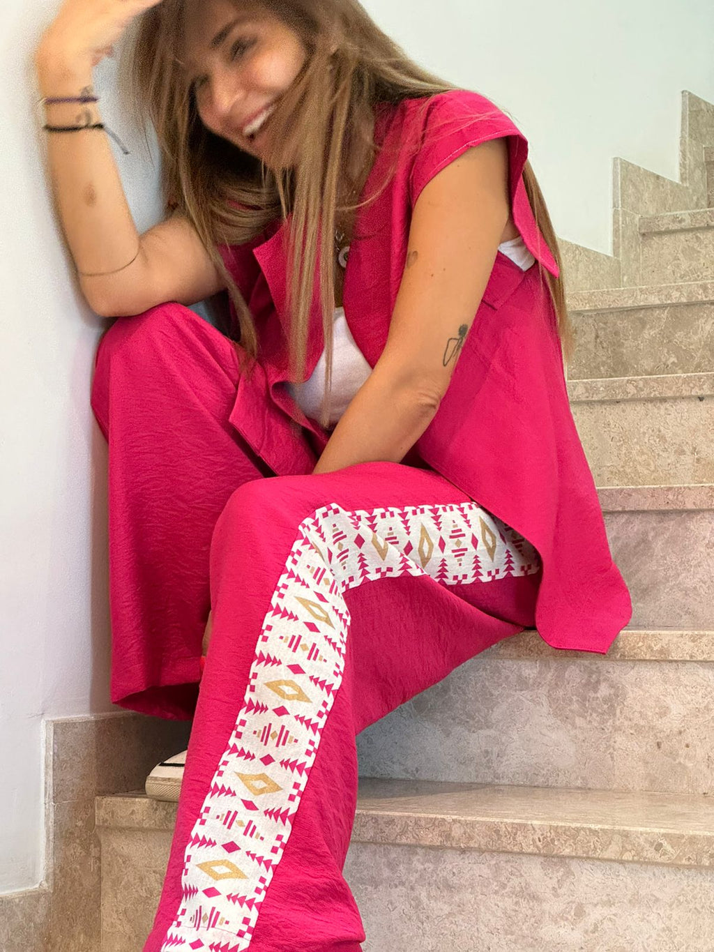Fuchsia Gillet & pants Crepe Silk Set