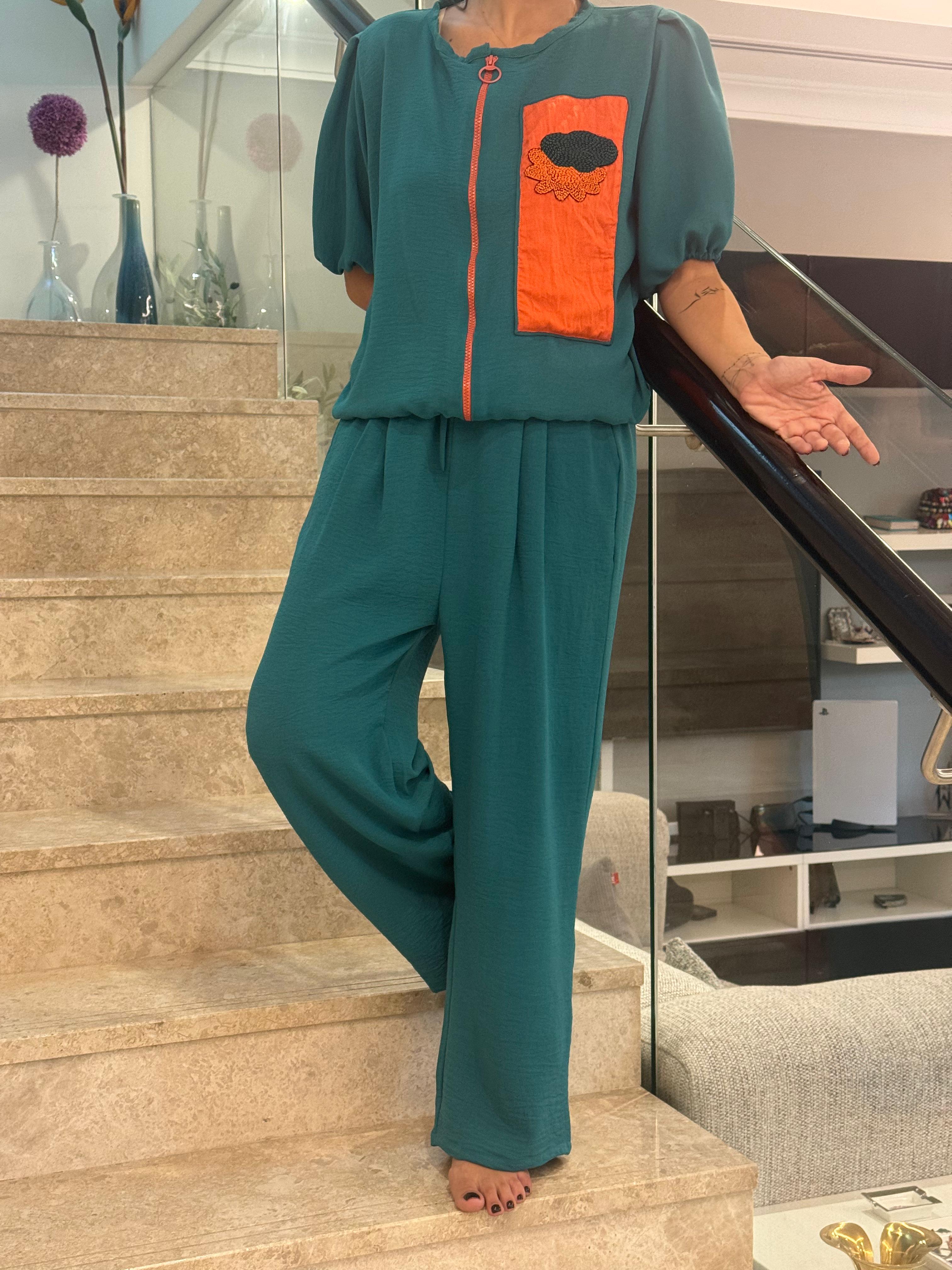 Teal Crepe Silk Set