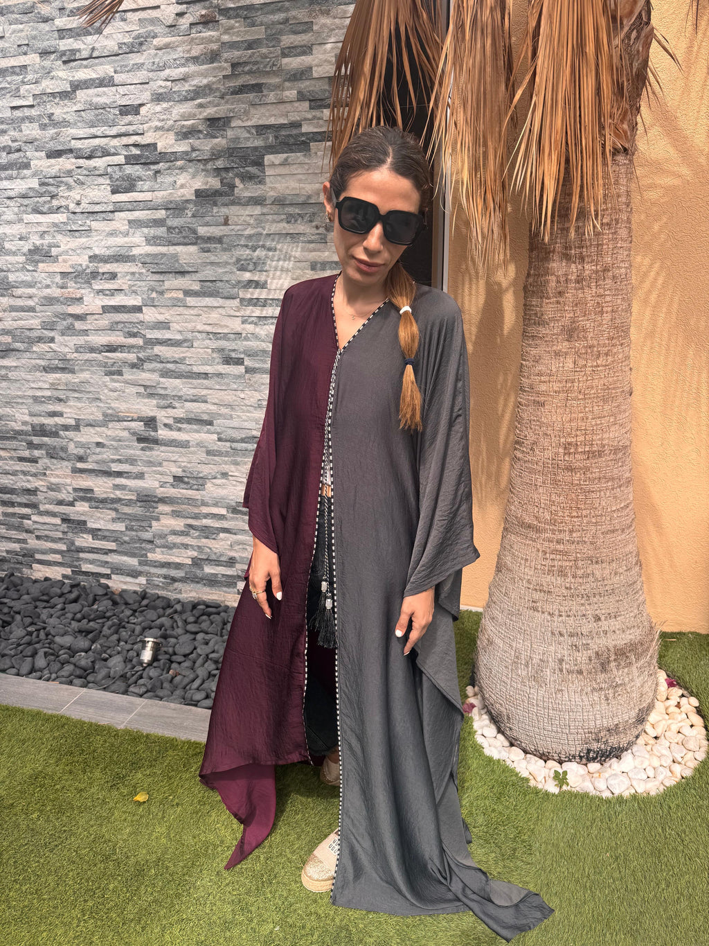 Purple & Charcoal Pure Silk Asymmetric Caftan