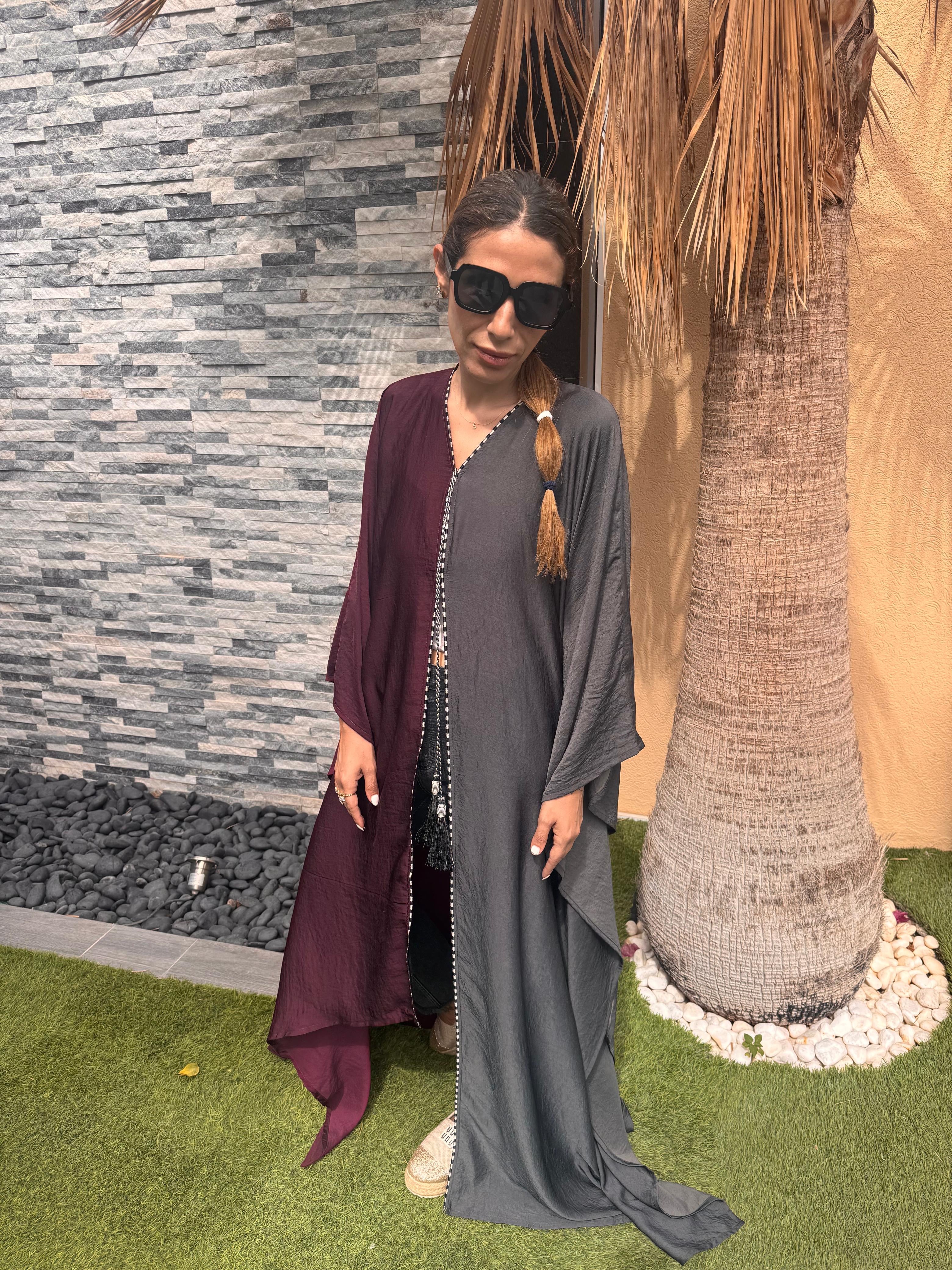 Purple & Charcoal Pure Silk Asymmetric Caftan