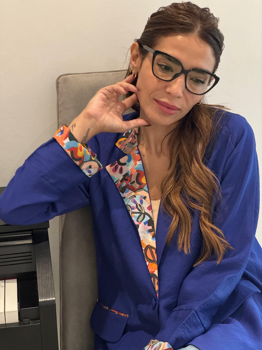 Royal Blue with Printed Details - Crepe Blazer