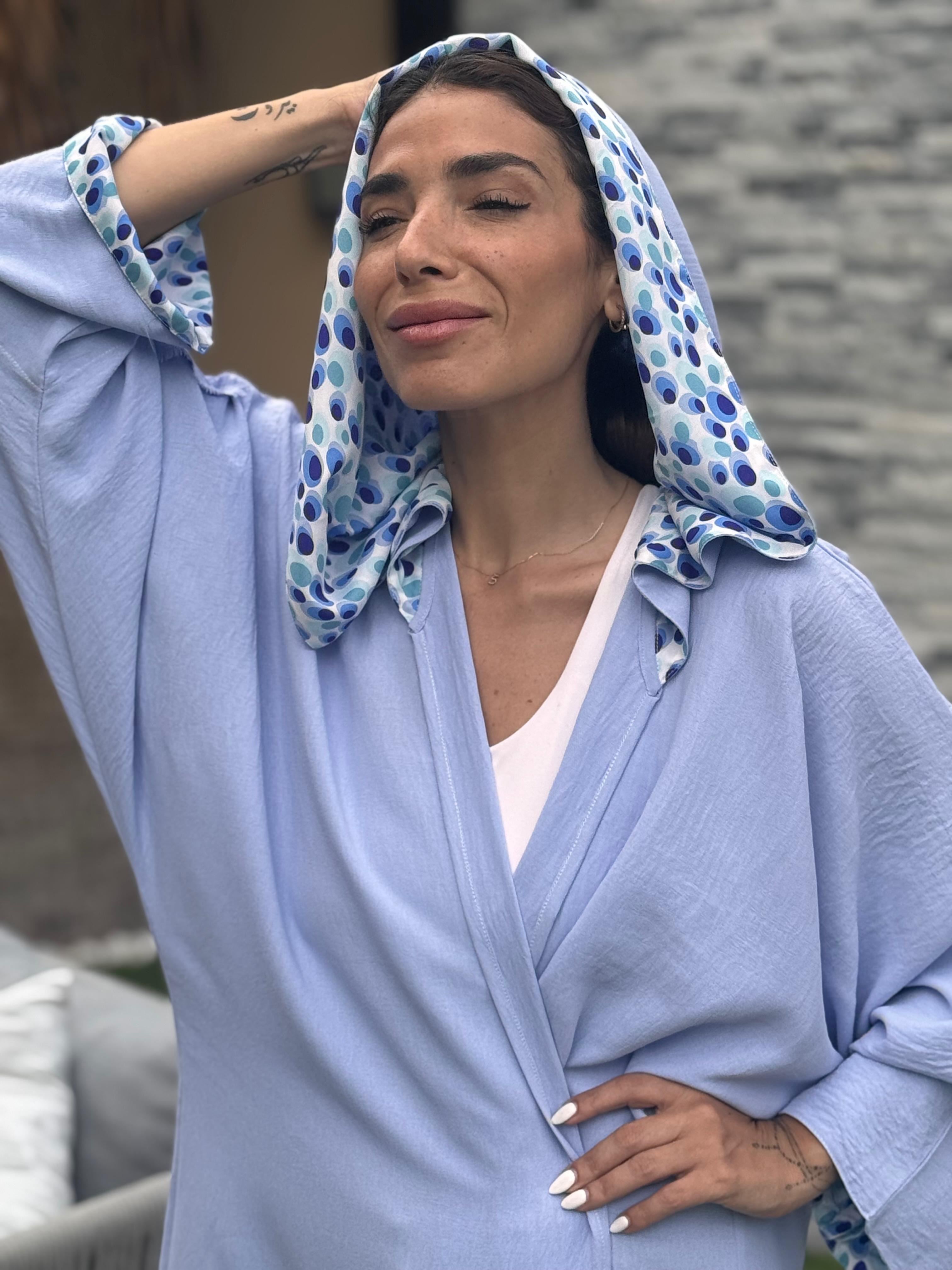 Powder Blue Crepe Silk Hooded Caftan