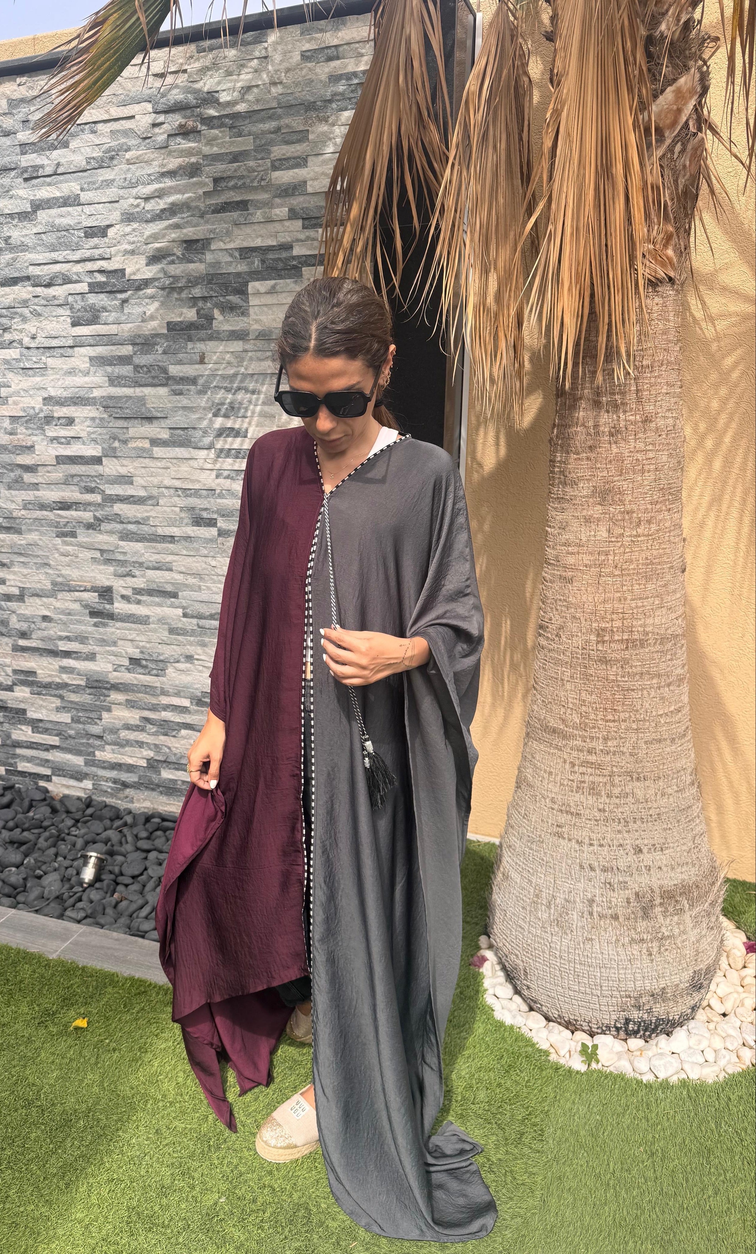 Purple & Charcoal Pure Silk Asymmetric Caftan