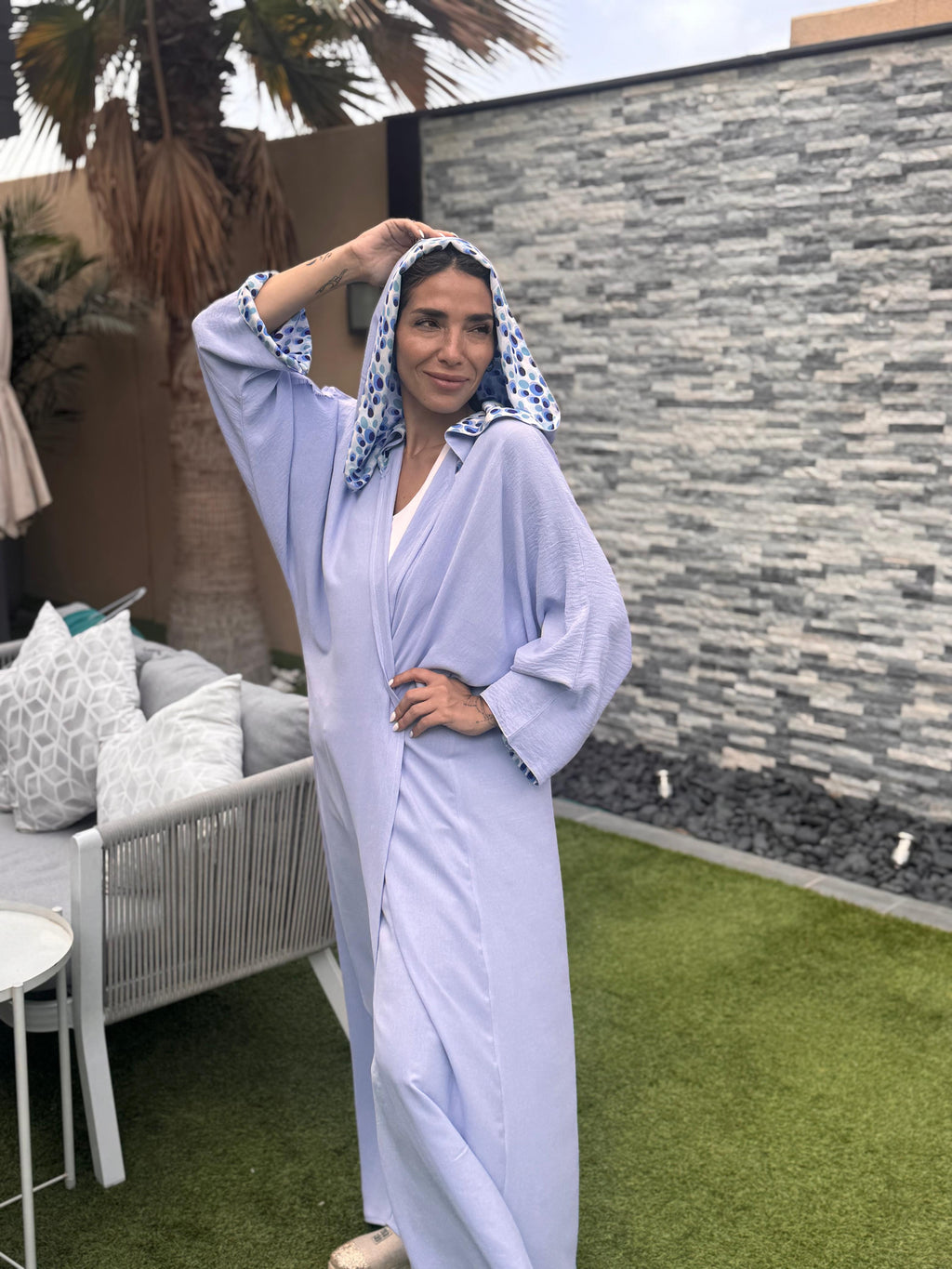 Powder Blue Crepe Silk Hooded Caftan