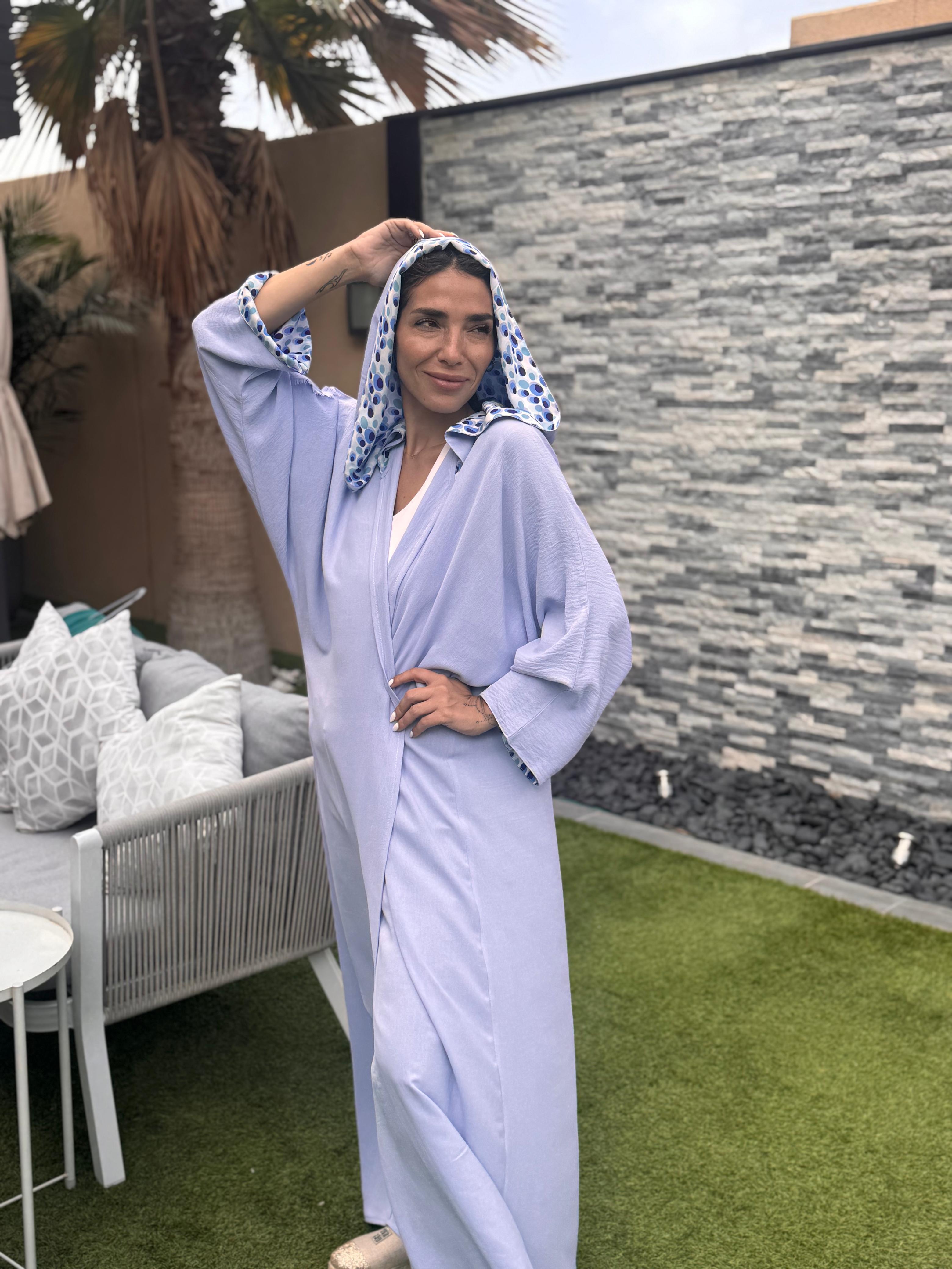 Powder Blue Crepe Silk Hooded Caftan