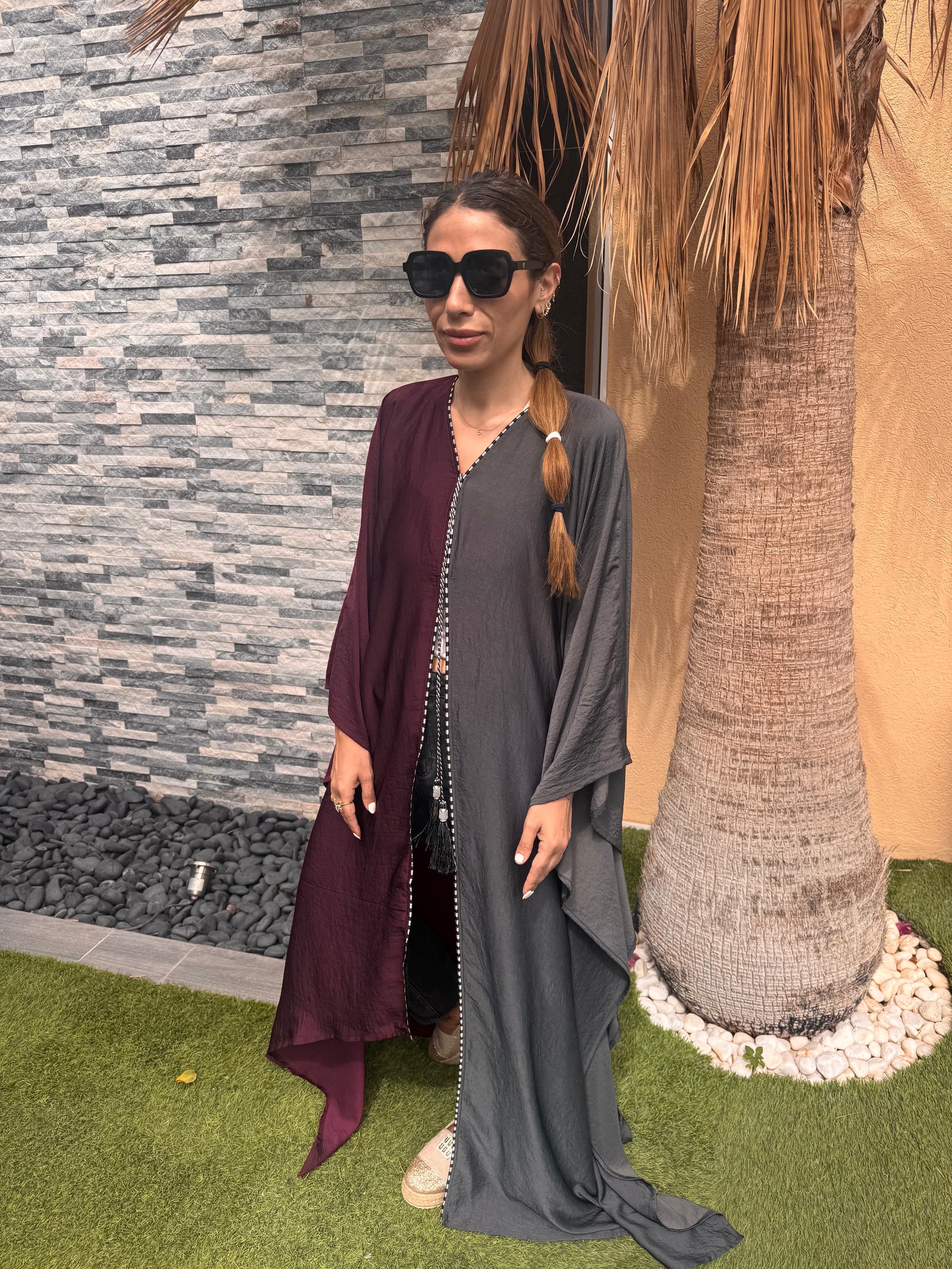 Purple & Charcoal Pure Silk Asymmetric Caftan