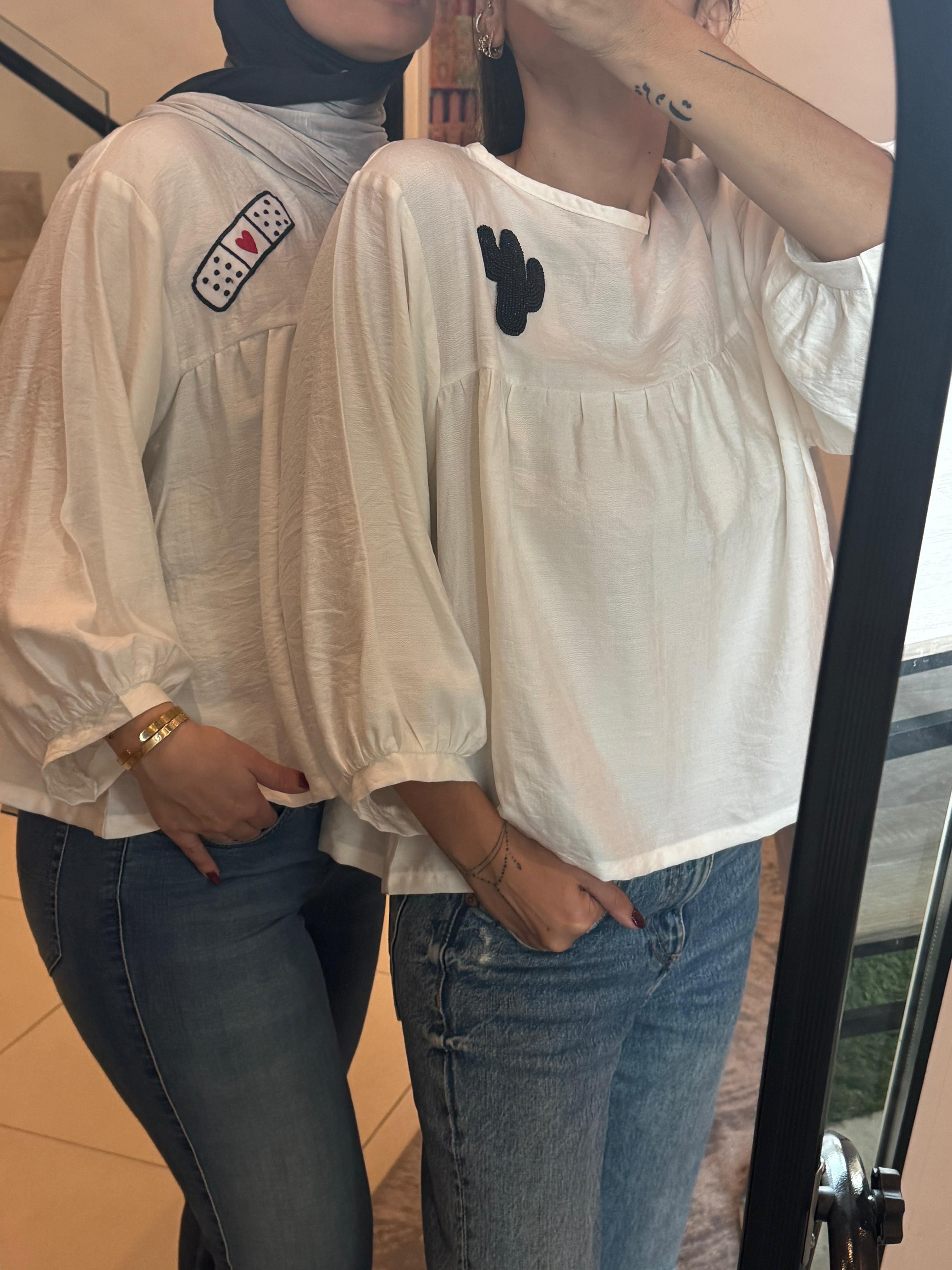 White Crepe Cactus Embroidered Top