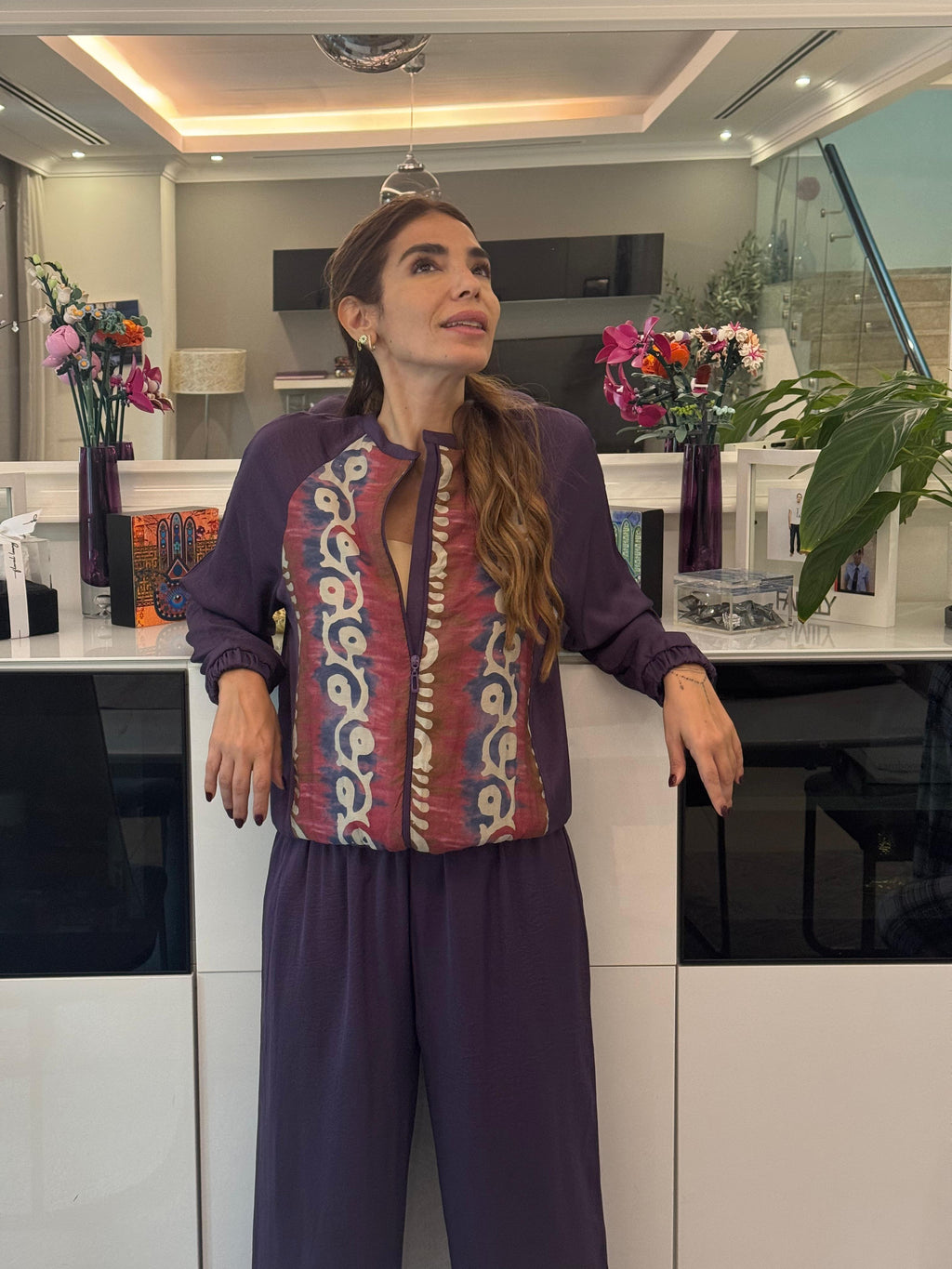 Purple Crepe Silk Bomber Set