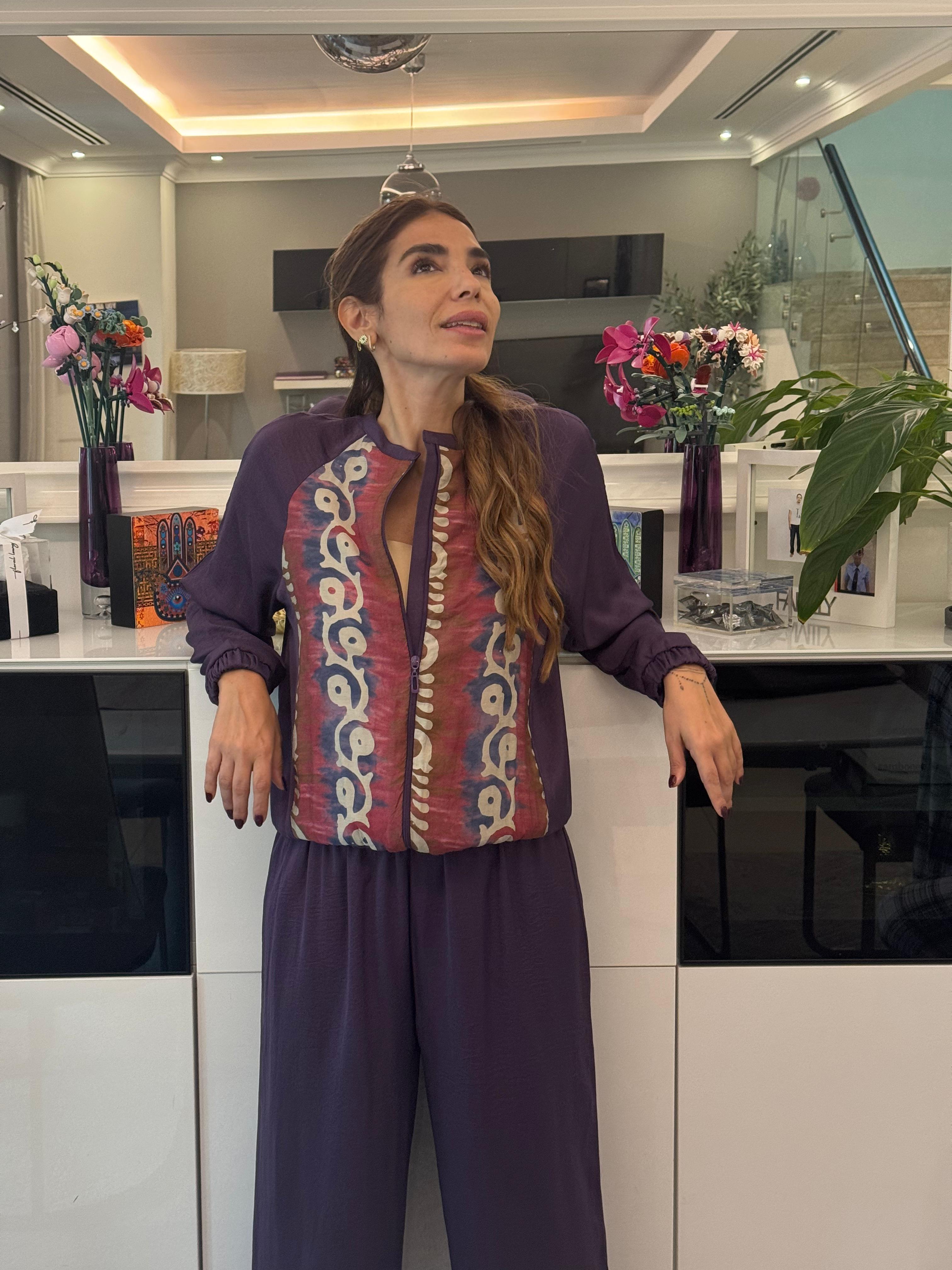 Purple Crepe Silk Bomber Set