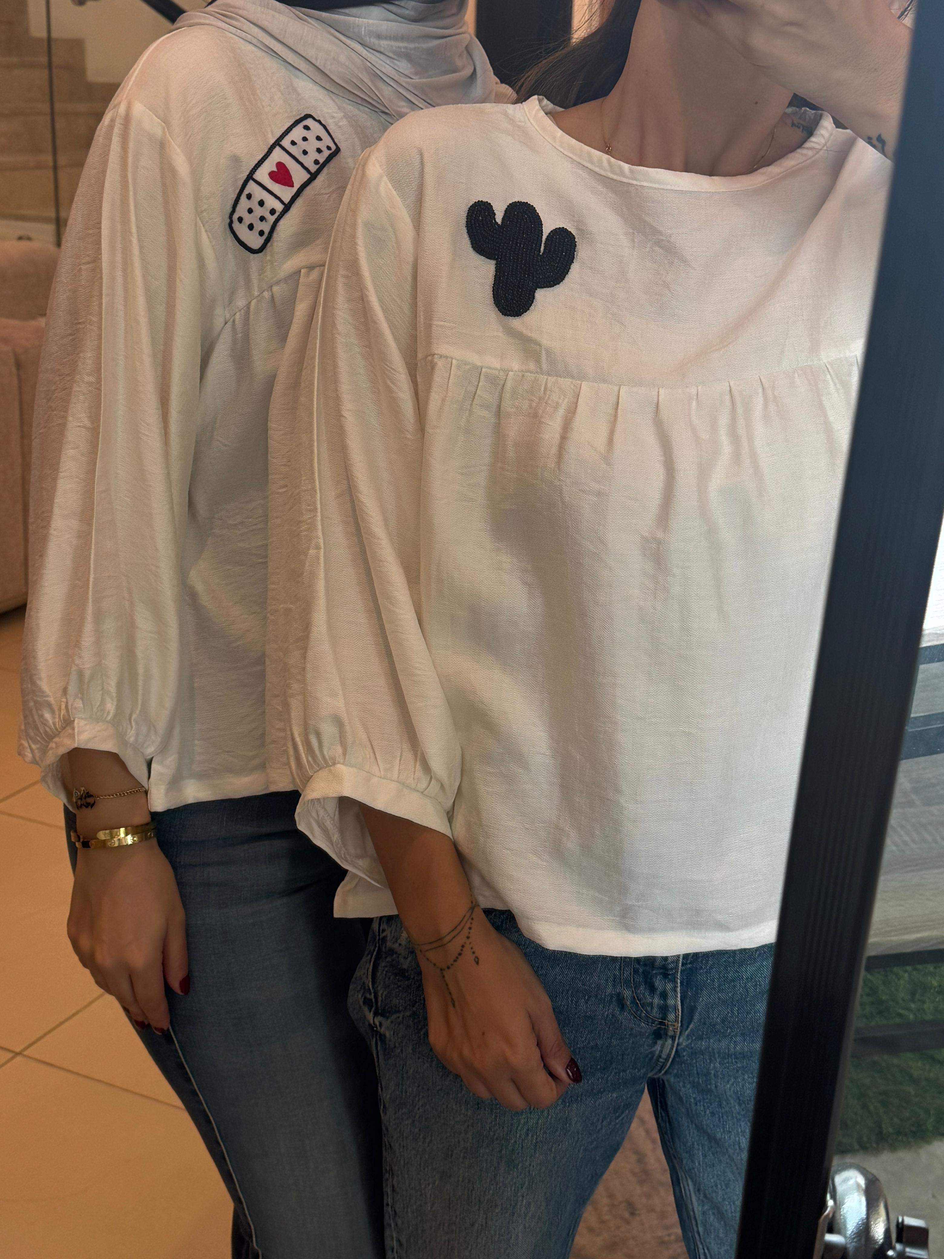 White Crepe Cactus Embroidered Top