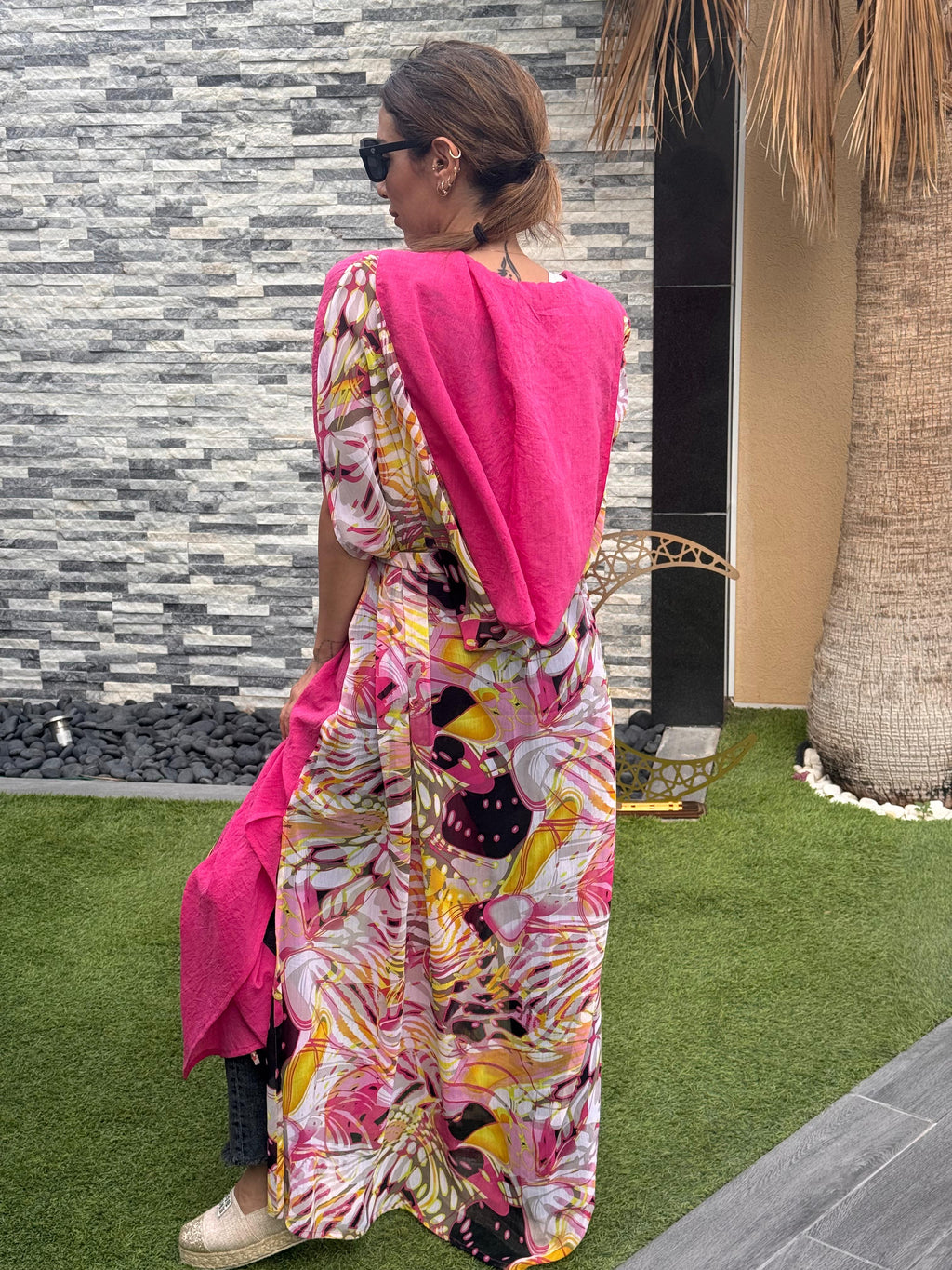 Fuchsia Linen & Chiffon Hooded Caftan