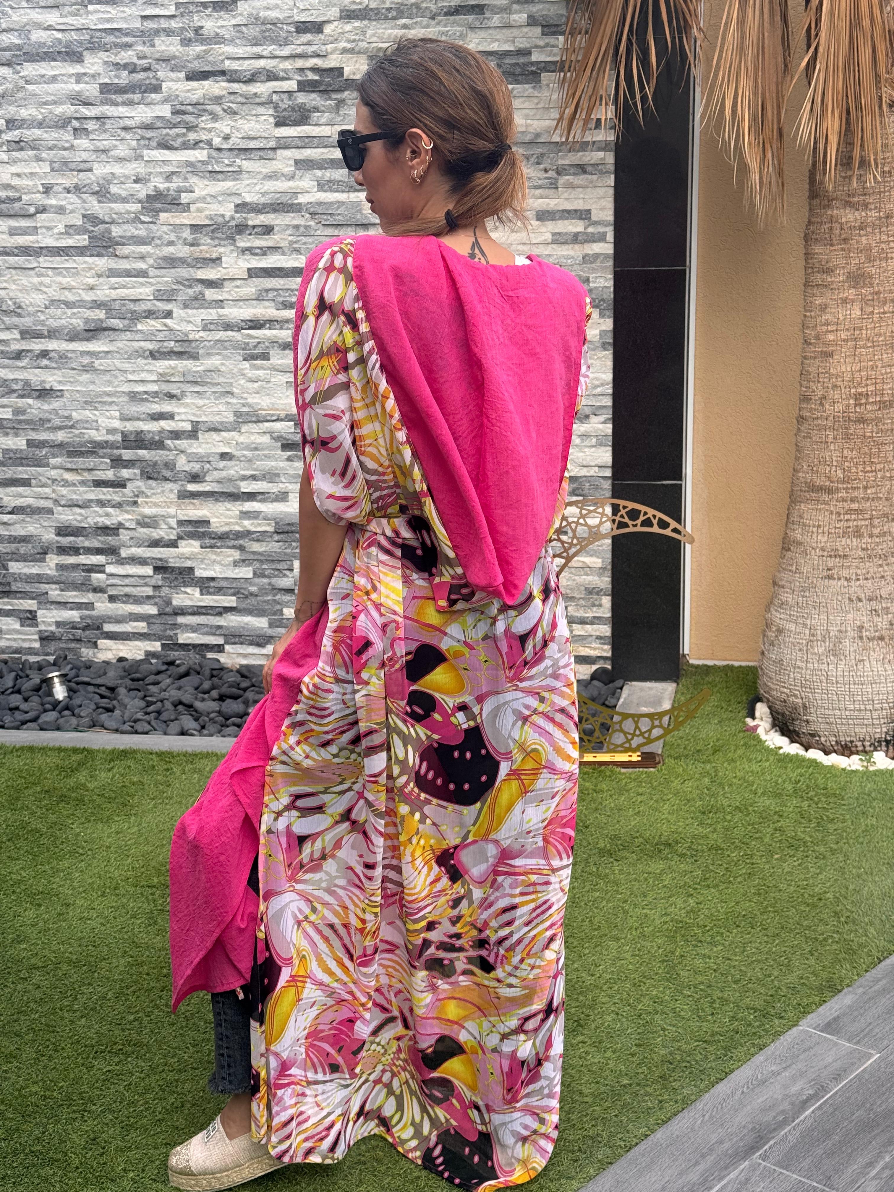 Fuchsia Linen & Chiffon Hooded Caftan