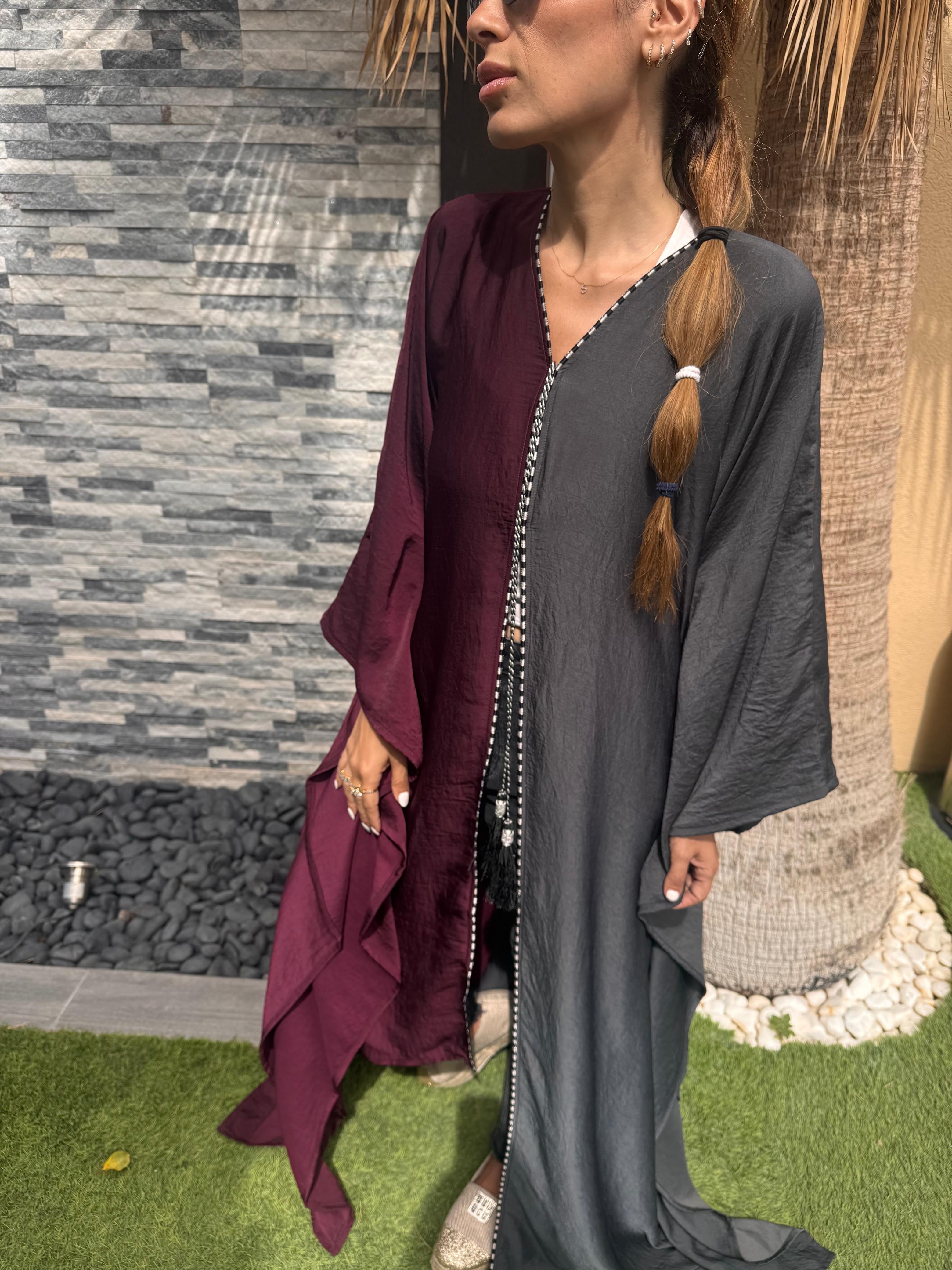 Purple & Charcoal Pure Silk Asymmetric Caftan